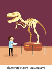 A man in a museum examines a dinosaur exhibit