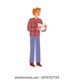 Guía o visera del museo del hombre con el personaje plano aislado de la historieta del folleto. Ilustración vectorial de empleado de exposición, hombre caucásico con lista en las manos, hombre en ropa casual
