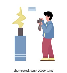 Man in museum takes photo of sculptural exhibit, cartoon vector illustration isolated on white background. Character of art gallery or exhibition visitor or comer.