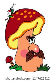 Man mushroom is watching the bug on his head. Colored vector for card or gift. 