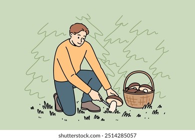 Man mushrooms picker cuts fungus and puts it in basket, located in forest clearing with coniferous trees. Guy with hobby of picking mushrooms, enjoys active recreation away from city