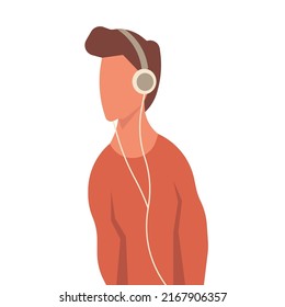 Man with music headphone vector illustration. Male boy listening earphone and sound lifestyle. Fashion man dj and teenager character avatar. Entertainment device mobile technology enjoyment