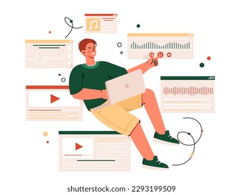 Man with music video. Young guy with laptop sits and watches interesting content on Internet. Character with audio files, favorite songs and playlist. Cartoon flat vector illustration