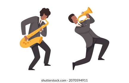 Man Musician Character Performing Music Playing Saxophone and Trumpet Vector Set