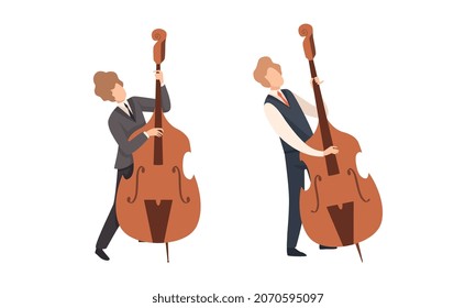 Man Musician Character Performing Music Playing Double Bass Vector Set