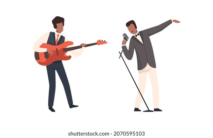 Man Musician Character Performing Music Playing Electric Guitar and Singing with Microphone Vector Set