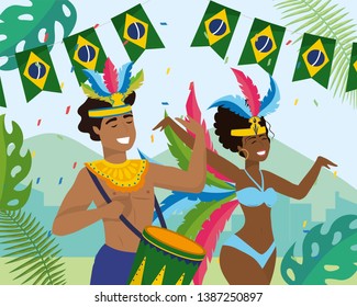 man musician with drum and girl dancer