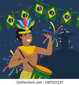 man musician with drum and party banner