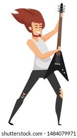 Man musician holding guitar, smiling male with beard holding instrument, rock guitarist with musical equipment, hard music performance, hobby. Vector illustration in flat cartoon style