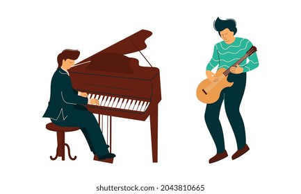 Man Musician Instrumentalist Performing Music Playing Musical Instrument Vector Set
