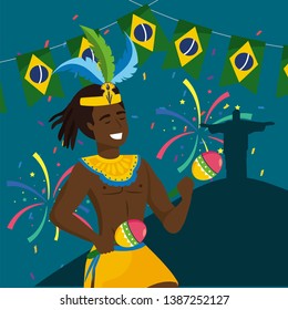 man musician with maracas and party brazil banner