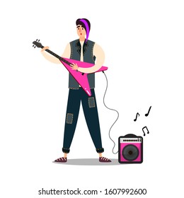 Man musician on stage playing pink electric guitar vector illustration