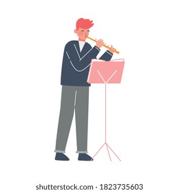 Man Musician Playing Flute, Classical Music Performer Character with Musical Instrument Flat Style Vector Illustration