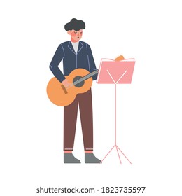 Man Musician Playing Guitar, Classical Music Performer Character with Musical Instrument Flat Style Vector Illustration