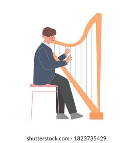 Man Musician Playing Harp, Classical Music Performer Character with Musical Instrument Flat Style Vector Illustration