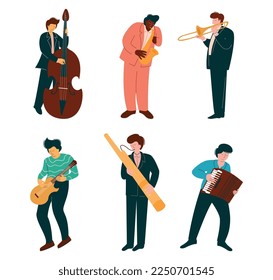 Man Musician Playing Musical Instrument Performing on Stage Vector Set