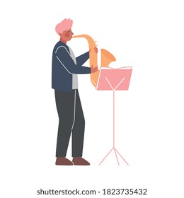 Man Musician Playing Saxophone, Classical Music Performer Character with Musical Instrument Flat Style Vector Illustration