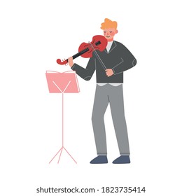 Man Musician Playing Violin, Classical Music Performer Character with Musical Instrument Flat Style Vector Illustration