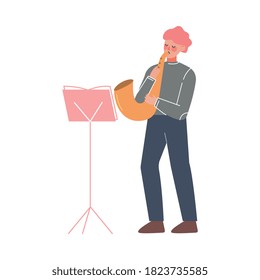 Man Musician Playing Wind Musical Instrument, Classical Music Performer Character with Musical Instrument Flat Style Vector Illustration