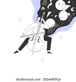 Man musician plays the cello. String Orchestra, musical instrument, meditation, playing music. Isolated on white background. Vector illustration. Flat style. Abstract elements, cosmos, harmony.