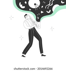 Man musician plays the saxophone. Orchestra, musical instrument, meditation, playing music, Brass band. Isolated on white background. Vector illustration. Flat style. Abstract elements, harmony.