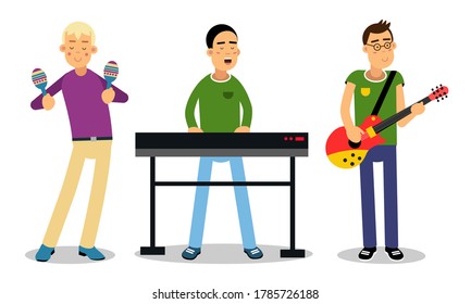Man Musicians Playing Musical Instruments And Singing On Stage Vector Illustration Set