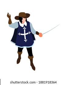 Man in musketeer carnival costume on white background 3d isometric vector illustration