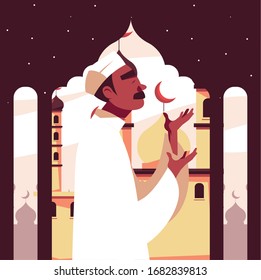 man muslim praying in mosque, ramadan kareem vector illustration design