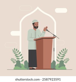 A man muslim stands at a podium illustration. Trendy flat vector illustration