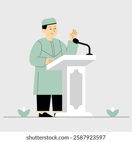 A man muslim stands at a podium illustration. Trendy flat vector illustration