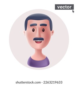 Man with mustache avatar in circle frame. Realistic 3D style vector character illustration in cartoon style. Stunning icon for user person profile, happy ID card, joyful social media.