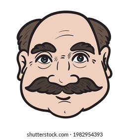 Mann mit Schnurrbart und kahlem Kopf. Avatar, Comic, einzeln.
