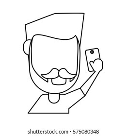 man with mustache beard using smartphone thin line