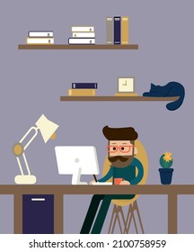 A man with a mustache and a beard is working on a computer at home. Software development workflow. Working on the conceptual design of the house. Freelancer working on a laptop at home