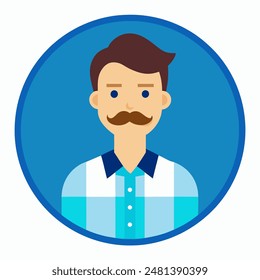 A man with a mustache is in a blue circle, gesturing happily