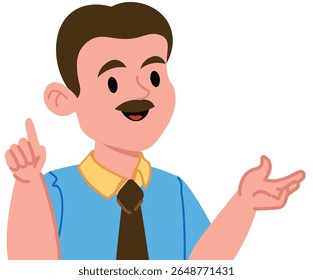 A man with a mustache in a blue shirt and tie gestures with one hand up. He appears cheerful and expressive, engaging in conversation. Cartoon vector illustration.
