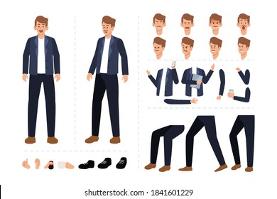 Man with mustache character for motion design with facial expressions, hand gestures, body and leg movement illustration