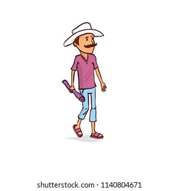 A man with a mustache in a cowboy hat and short pants. Hand drawn cartoon vector illustration.