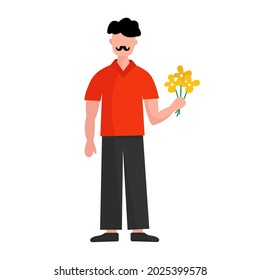 A man with a mustache and flowers in his hands. Vector illustration in flat style