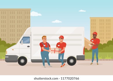 Man with mustache giving parcel to young courier. Delivery service car. Workers in red uniform. Green park and city landscape on background. Flat vector design