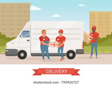 Man with mustache giving parcel to young courier. Delivery service car. Workers in red uniform. Green park and city landscape on background. Flat vector design