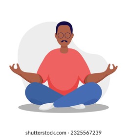 Un hombre con bigote y gafas meditando. Ilustración para yoga, meditación y estilo de vida saludable. Ilustración vectorial al estilo de las caricaturas planas.