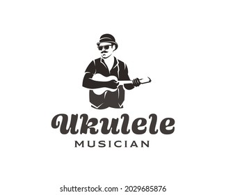 man with mustache and glasses playing small guitar logo. ukulele musician logo design template