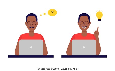 A man with a mustache and glasses working at a computer thinking about solving problems and finding a creative idea. Vector illustration in flat style. Isolated on white background.