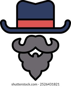 Um homem com bigode e chapéu. O chapéu é azul e vermelho. O homem tem um bigode cinza