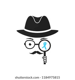 A man with a mustache in his hat holds a magnifying glass in his hand. Blue Ribbon. Prostate cancer Awareness Month.
