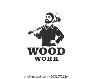 man with mustache holding ax silhouette logo. Wood work or lumberjack logo design template