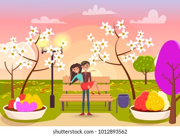 Man with mustache holds cheerful girl in his arms in garden with flowering trees, brown bench and color flower beds vector illustration