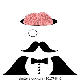 man with mustache and monocle with brains exposed