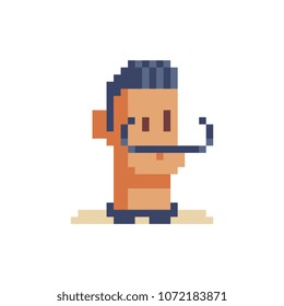 Man with a mustache pixel art character male avatar profile Hispanic isolated vector illustration. 8-bit sprite. Design stickers, logo, mobile app.
